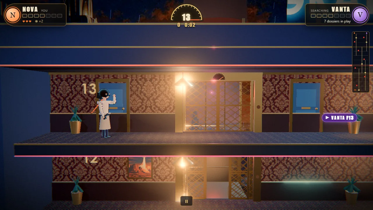 Nova crosses an Art Deco hotel floor during a dossier race against Vanta.