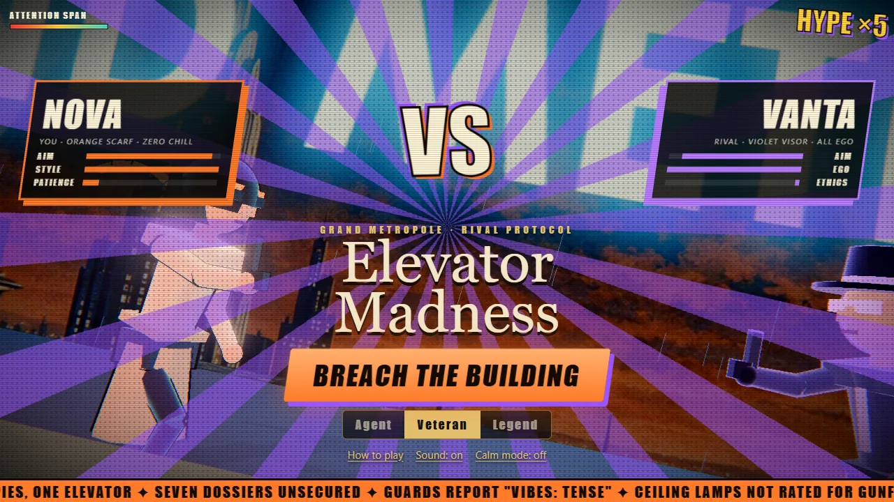 Elevator Madness title screen introducing Nova and Vanta.