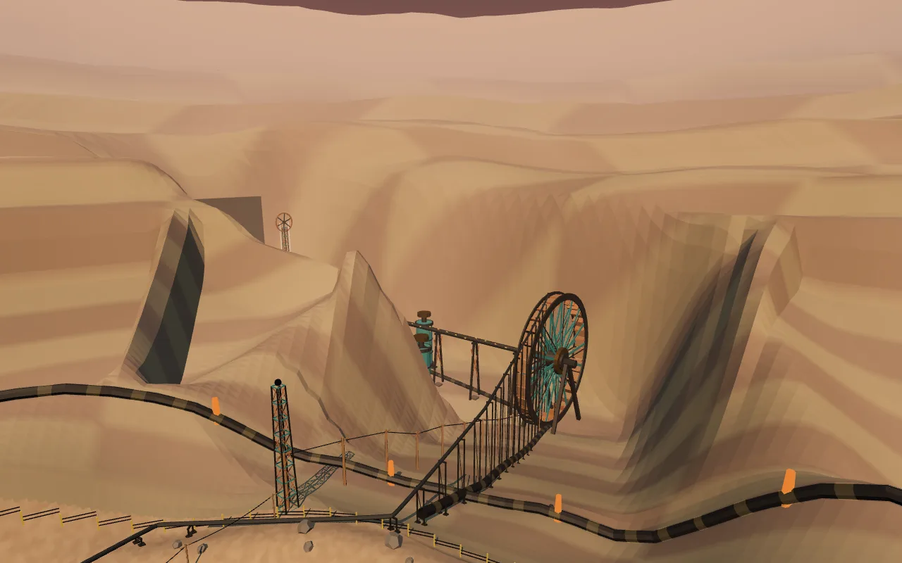 A great waterwheel in a canyon beside a long viaduct, with the ground around the basin folding open in an ember-colored dusk.