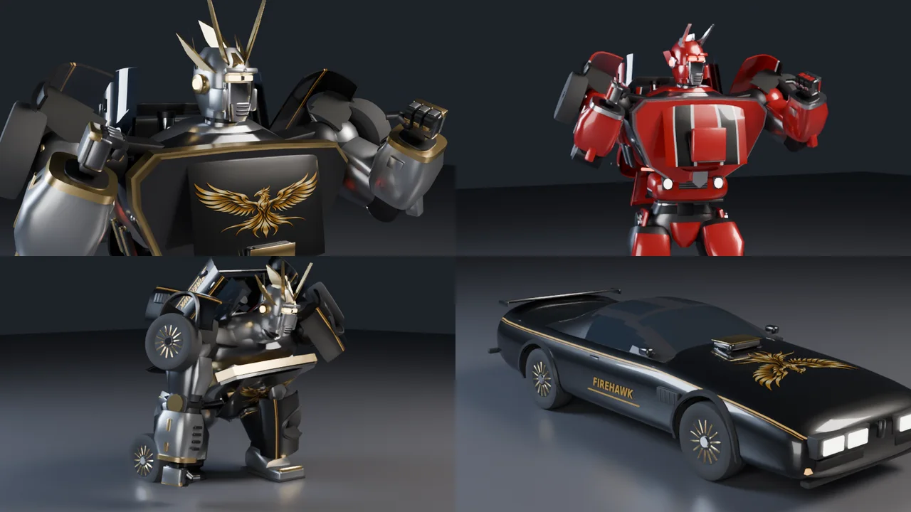 Studio renders: Firehawk's shield chest with the gold phoenix, Redline in its guard, Firehawk's superhero landing, and the car with the phoenix on the hood.