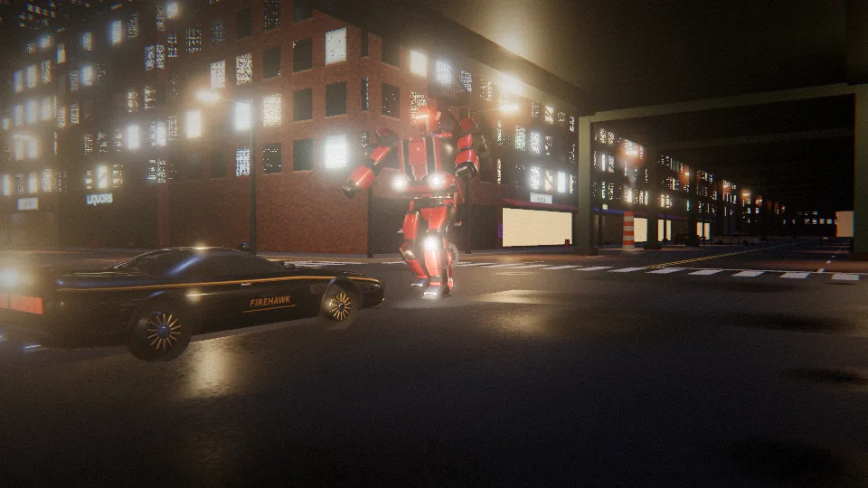 Firehawk in car mode driving past Redline, with gold pinstripes and a lit headlight.