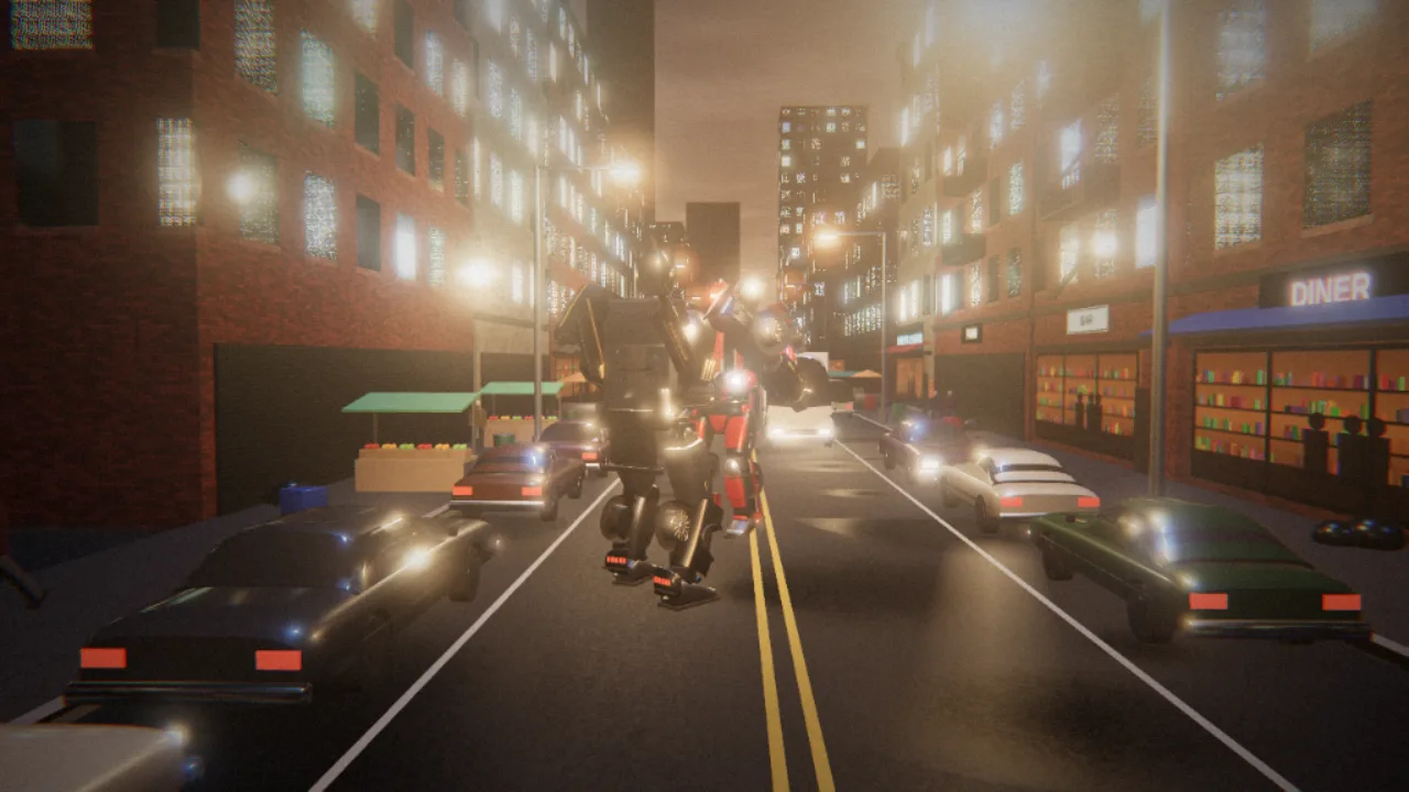Firehawk and Redline face off on the market street between fruit stands, parked sedans and a lit diner, at real scale.