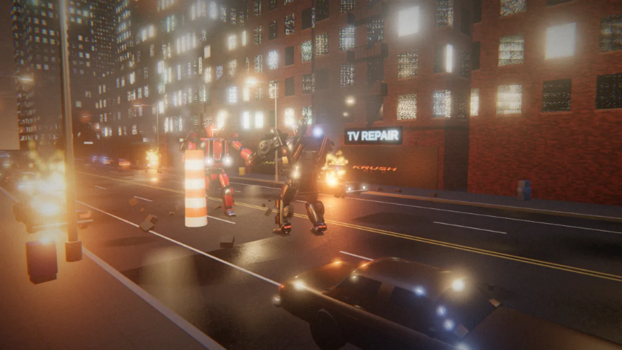 Burning parked cars, scattered debris and a knocked-over mailbox around the two robots on the crosstown street.