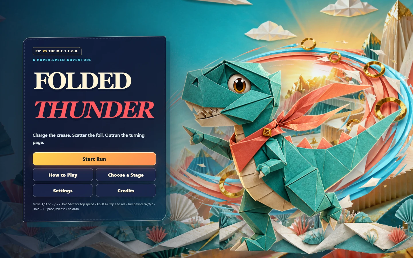Folded Thunder title screen with Pip running through a colorful folded-paper world beneath the brass M.E.T.E.O.R. machine.