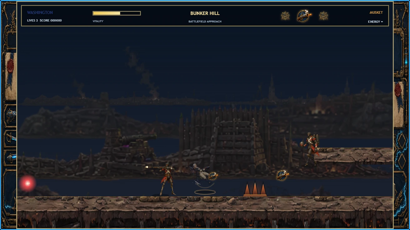 Founderman 2 gameplay with an anime-styled patriot crossing a rebuilt Revolutionary War stage.