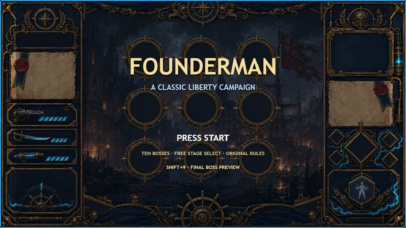 Founderman 2 Classic HD title screen with the playable founders rendered in an anime style.