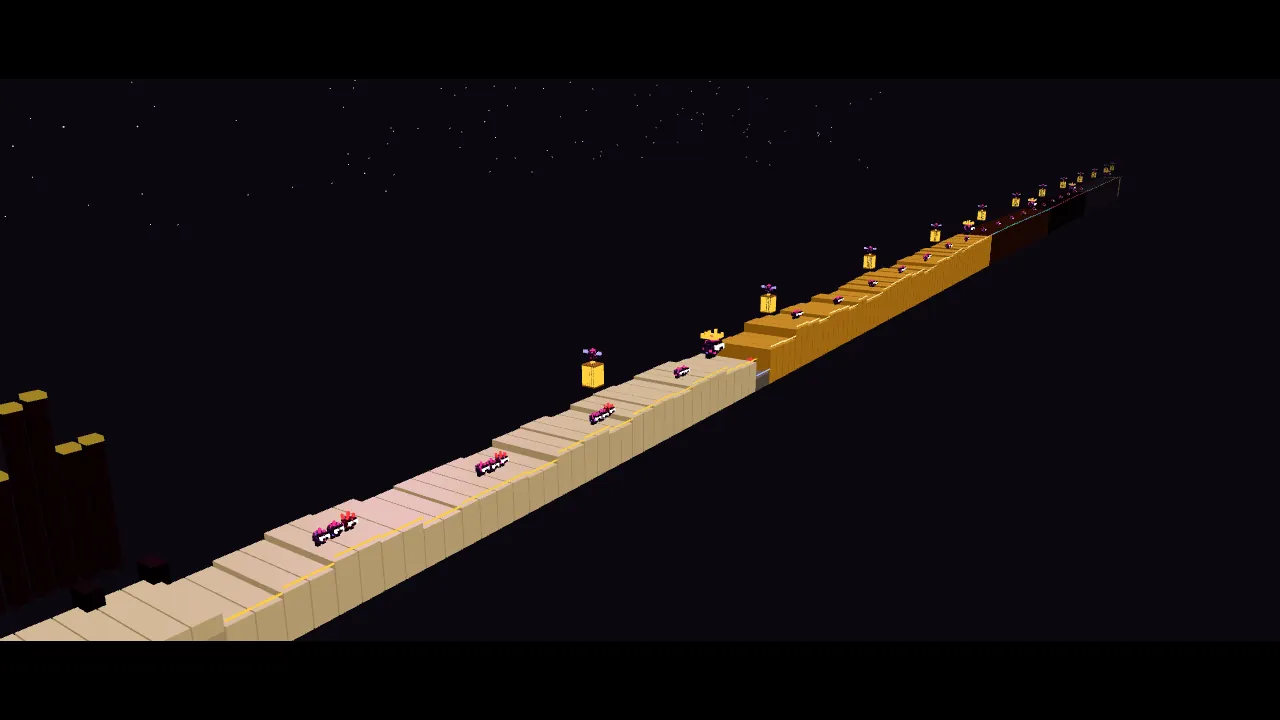 The camera cranes over a long road of piano keys stretching into the distance at night, with glowing cages along it.