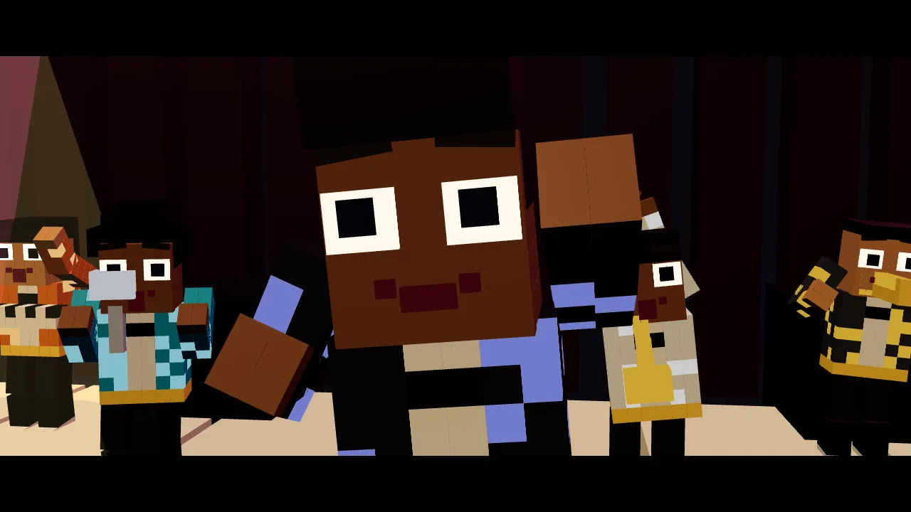 A close-up of the apprentice singing on stage in front of the band during the opening cinematic.