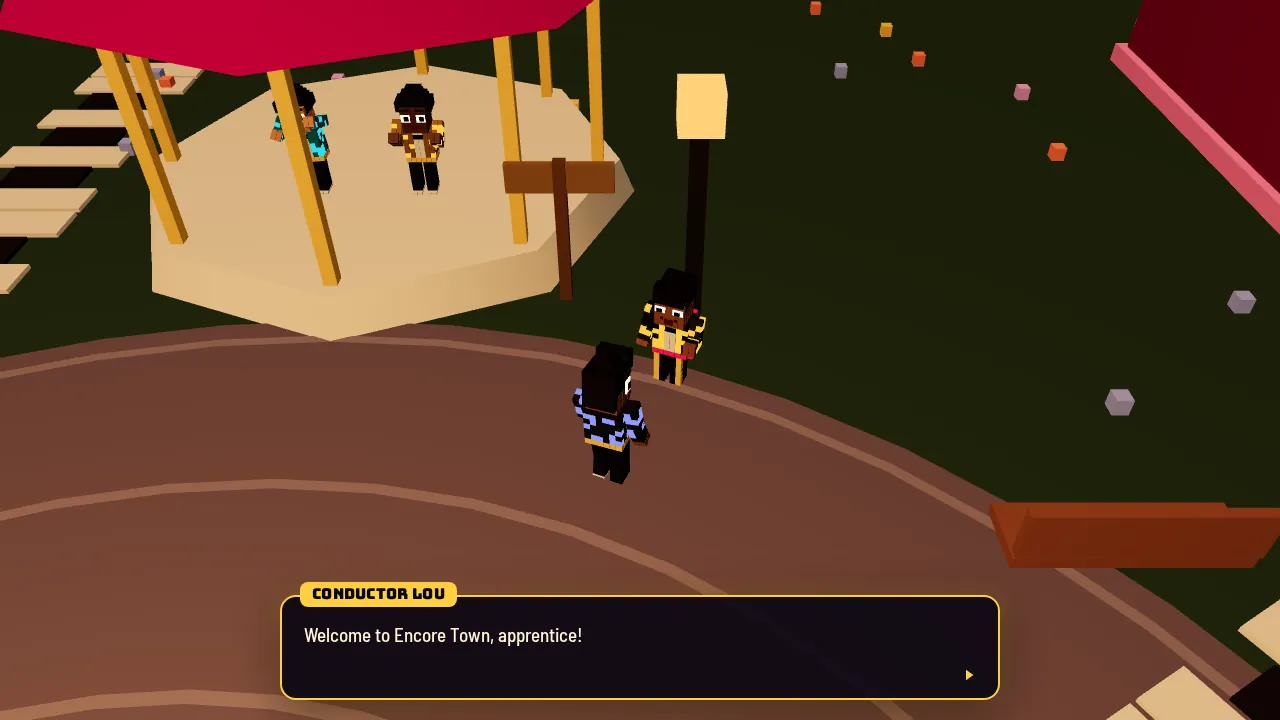 Conductor Lou welcomes the hero beside the bandstand in Encore Town's plaza.