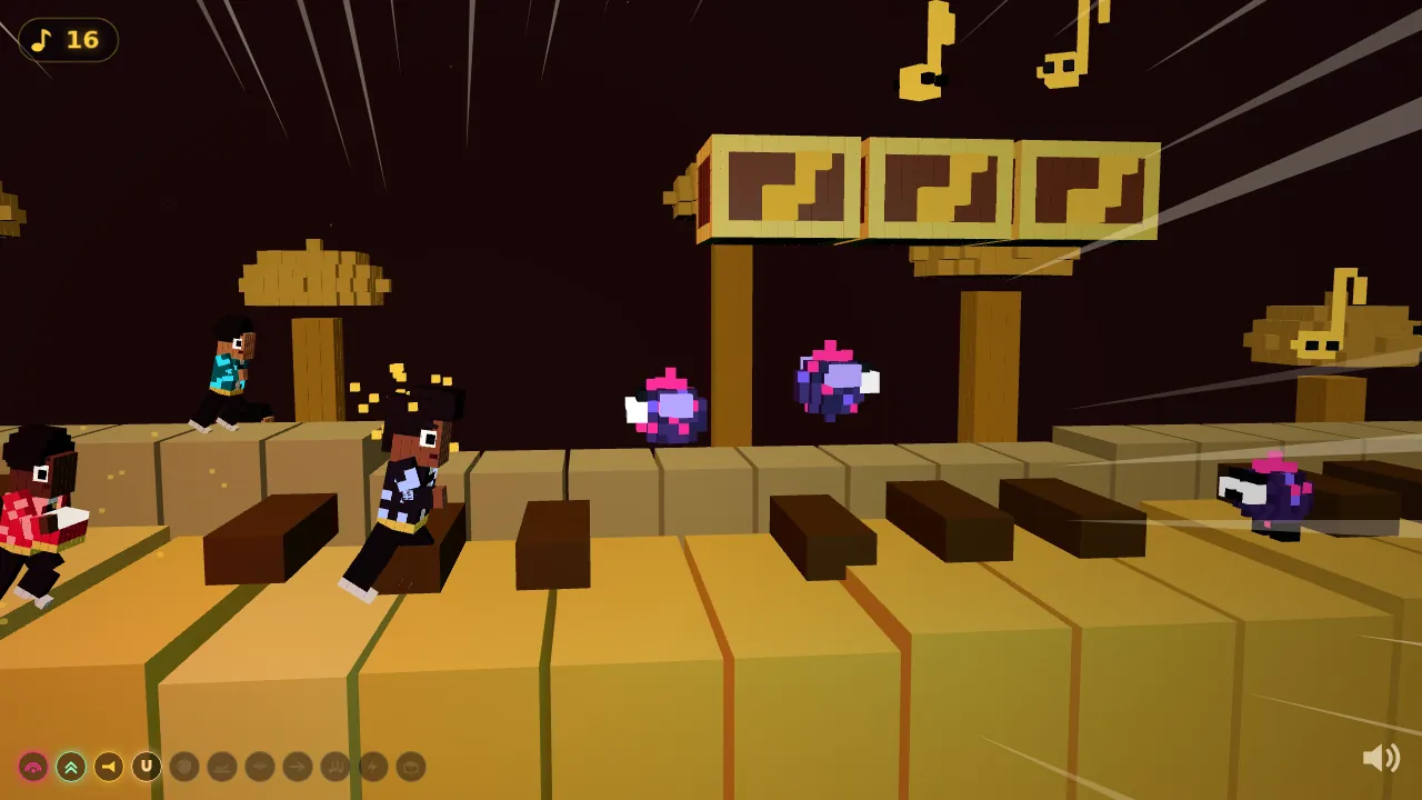 The hero runs across golden piano keys in the brass era with freed band members following and speed lines at the screen edges.