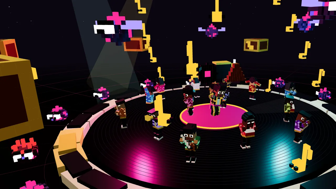The voxel band dances on a spinning vinyl record ringed by piano keys, with Static creatures in a conga line around them.