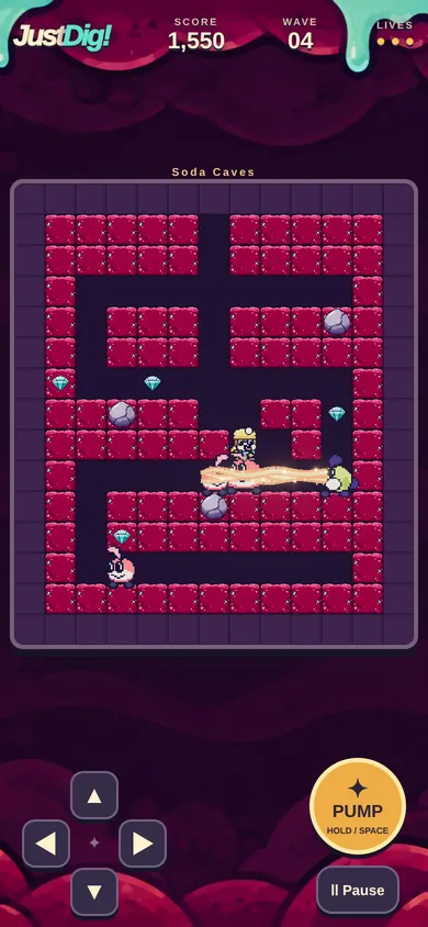 Wave 4 in the Soda Caves: a Puffin breathes a glowing blast along a tunnel while two other critters wander nearby.