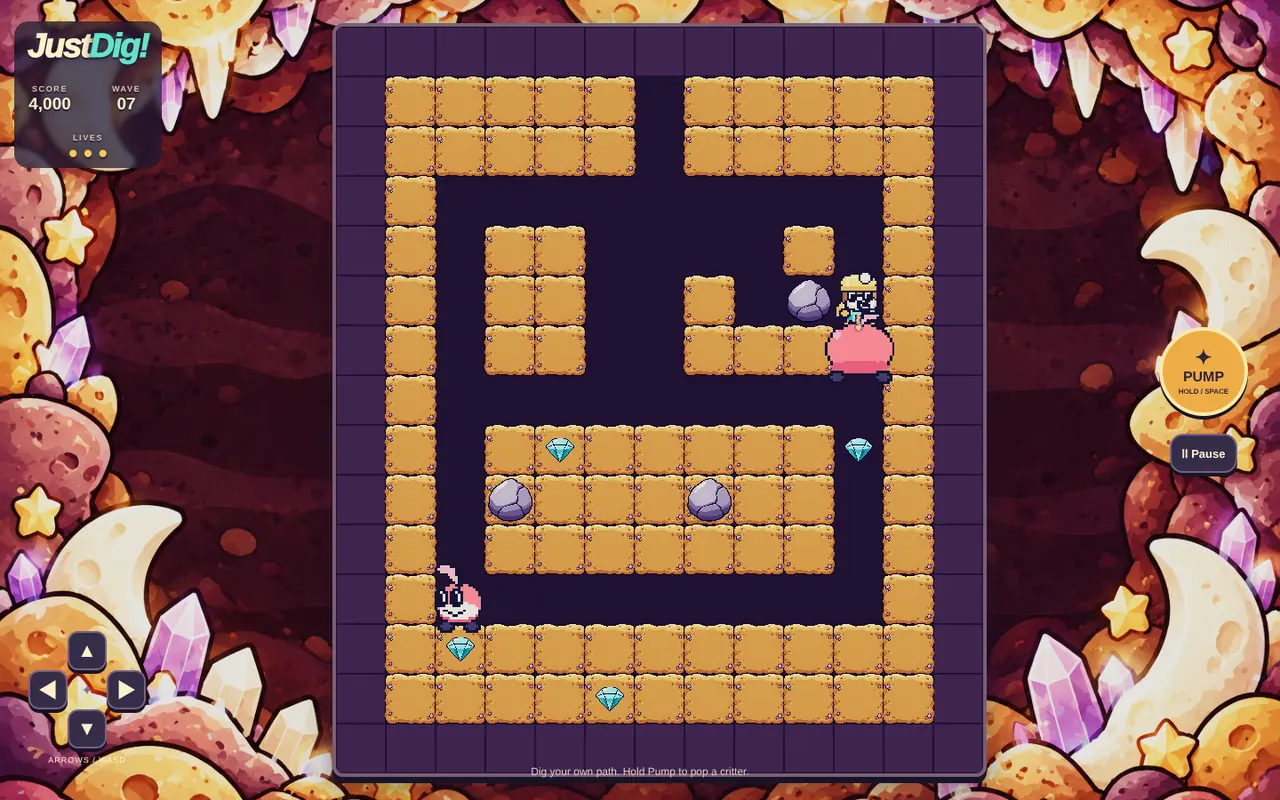 Desktop view of the Mooncake Depths with the full painted cave backdrop around the board and keyboard hints under the D-pad.