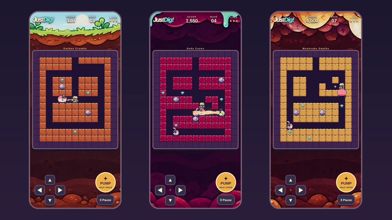 Three phone screens from JustDig!: a digger in a yellow helmet pumping a pink critter in the Garden Crumbs, a beaked Puffin breathing a glowing blast down a tunnel in the Soda Caves, and a critter swelling under the pump in the Mooncake Depths.