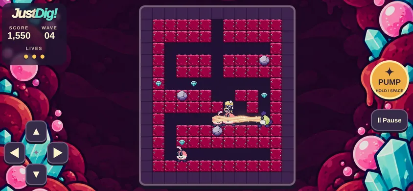 Landscape phone view of the Soda Caves: the score panel on the left, the D-pad bottom left, the Pump and Pause buttons on the right, and a Puffin breathing down a tunnel in the middle of the board.