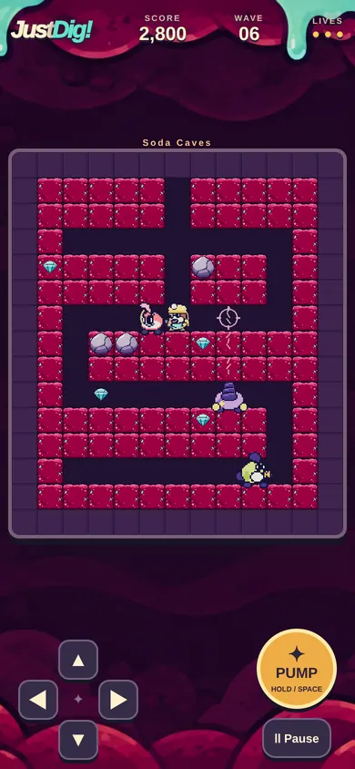 Wave 6 in the Soda Caves: a target ring marks the cell where a Mottle will come up through the dirt next to the digger.