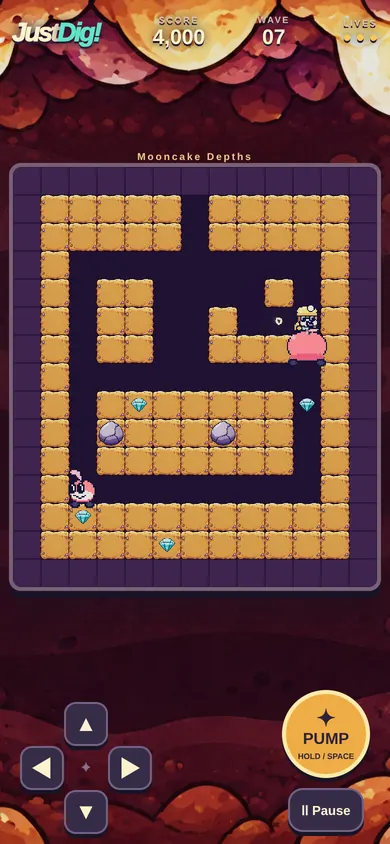 Wave 7 in the Mooncake Depths: golden dirt, loose rocks and a pink critter swelling under the pump.