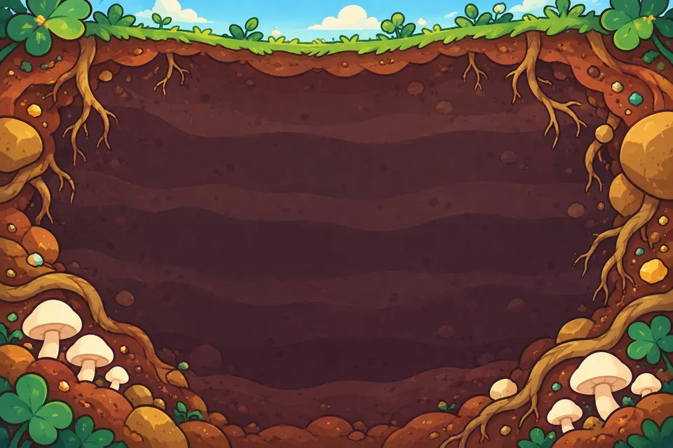 Painted garden cave: tree roots, white mushrooms and clover around dark soil
