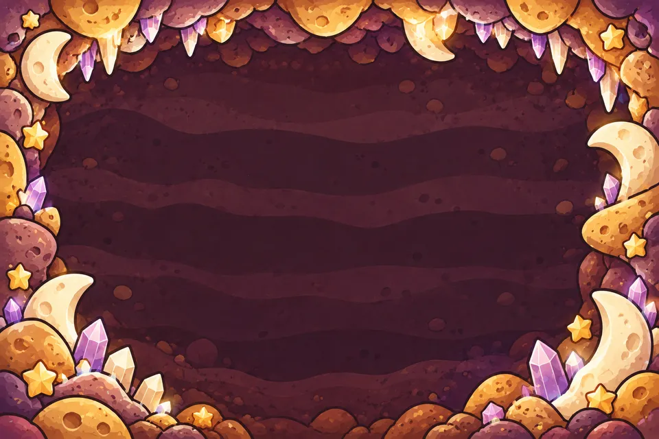 Painted mooncake cave: golden crescent moons, stars and purple crystals