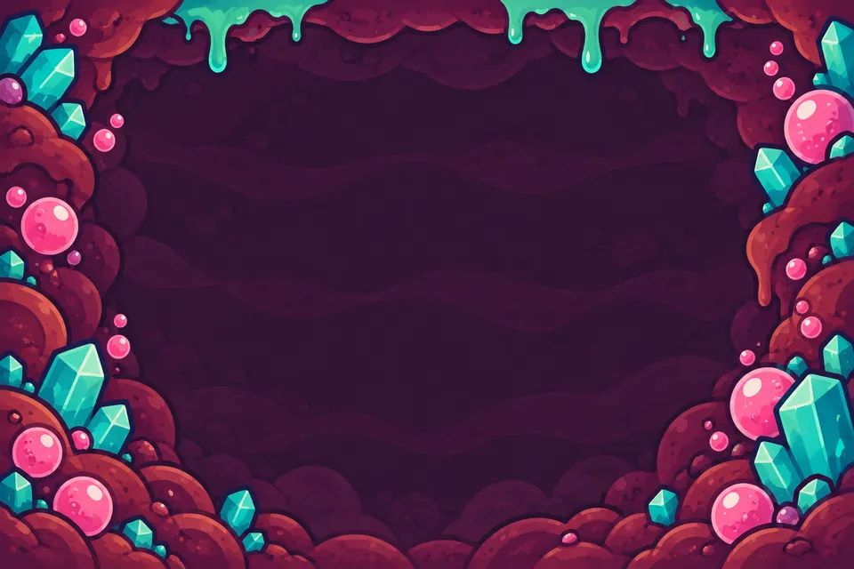 Painted soda cave: pink bubbles and teal crystals around dark rock