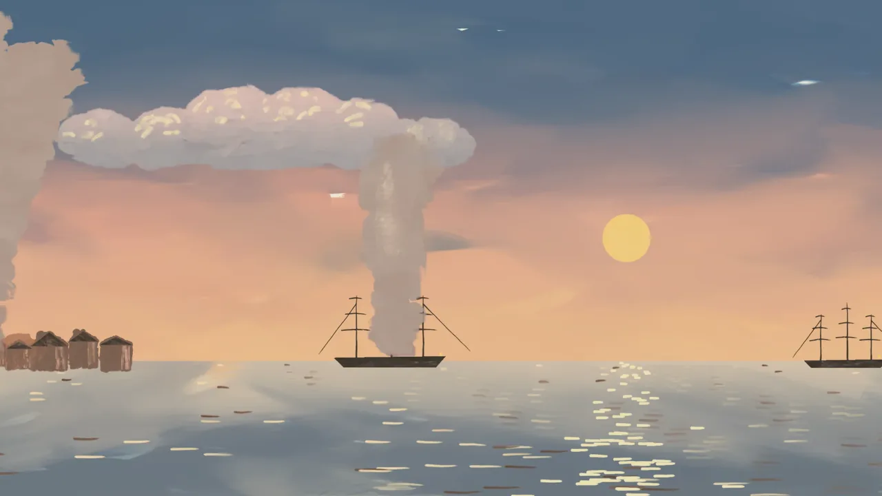 The painted backdrop for Breed's Hill: A red and orange sky, smoke and embers, ships in the river and the redoubt on the hill.