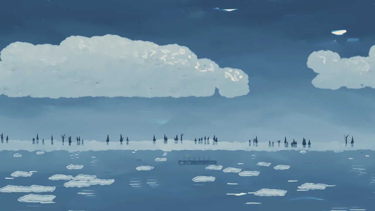 The painted backdrop for Delaware Crossing: A winter night: black water, white ice, Durham boats crossing, lanterns on the far bank.