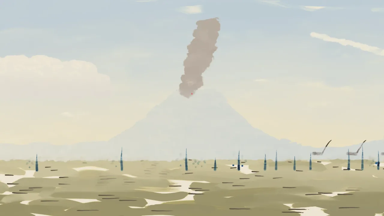 The painted backdrop for Dinosaur Dash: Ferns, a volcano, a burning sky.