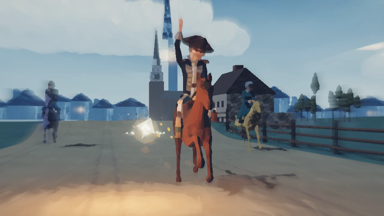 Paul Revere rides a brown horse straight toward the camera, his arm raised, with the Old North Church steeple and the painted houses of Boston behind him and two riders on the road.
