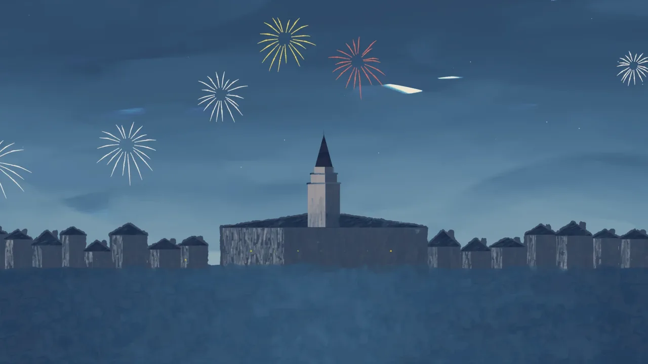 The painted backdrop for Independence Hall: Night, the State House tower, the sky full of fireworks.