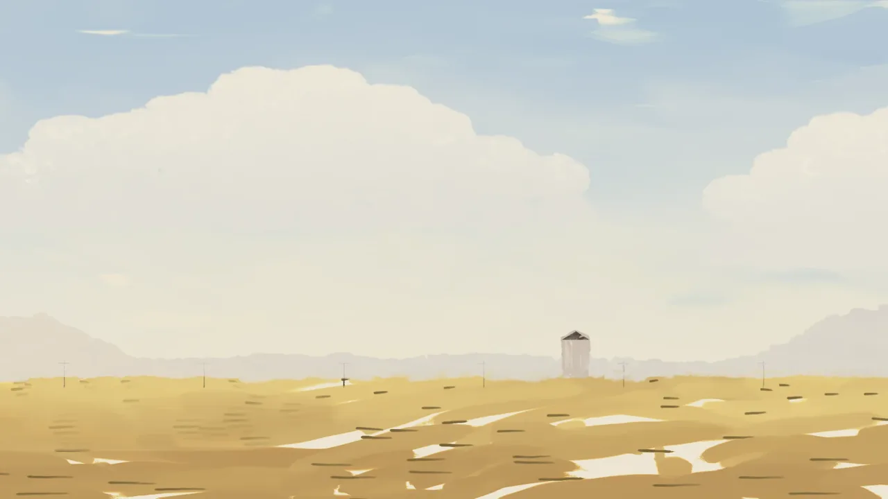 The painted backdrop for Iron Horse Express: Golden grass to the horizon, a big sky and a water tower.