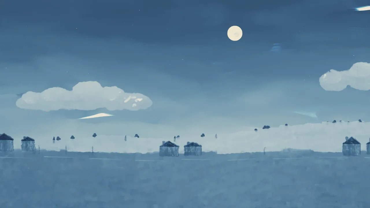 The painted backdrop for Menotomy Road: Farmhouses with lamps in the windows, stone walls and bare April trees under the moon.