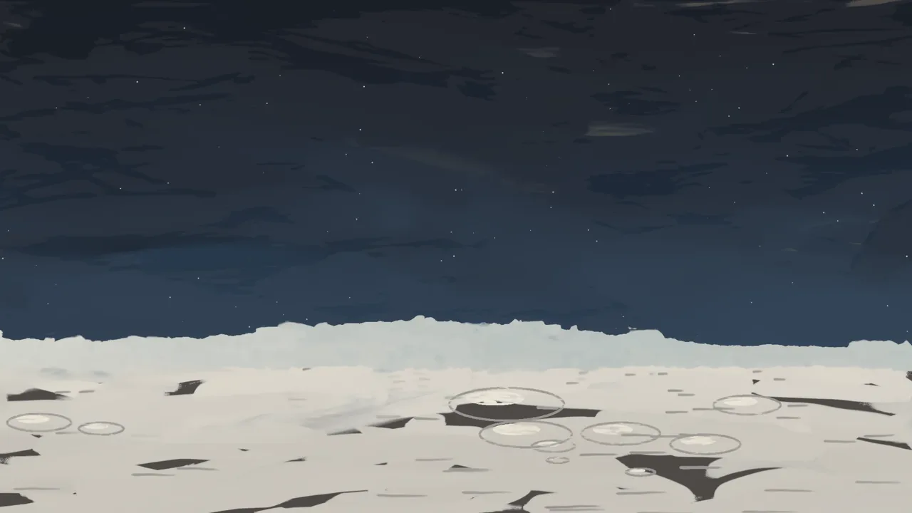 The painted backdrop for Moon Map: Black sky, the Earth on the horizon, grey dust and craters.