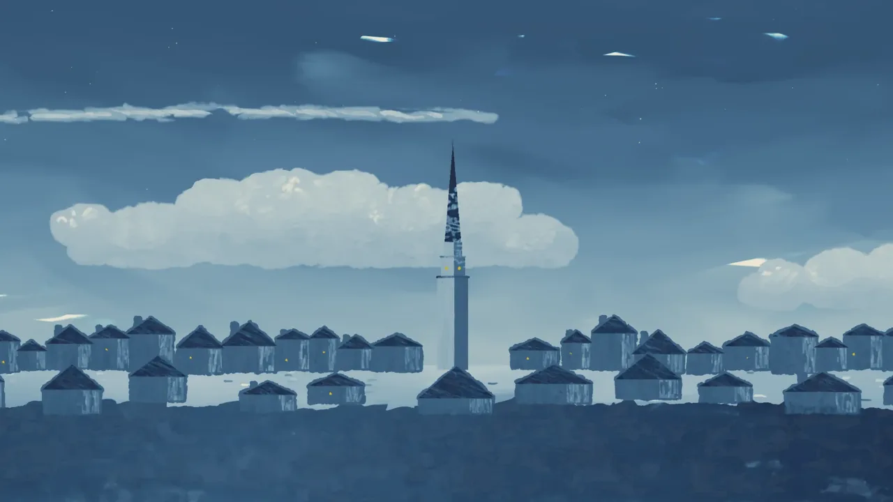 The painted backdrop for Old North Church: Painted at night in Delft blue, with the steeple against a moon and a haze over the harbor. The two lanterns glow in the painting, and again in the model of the church.