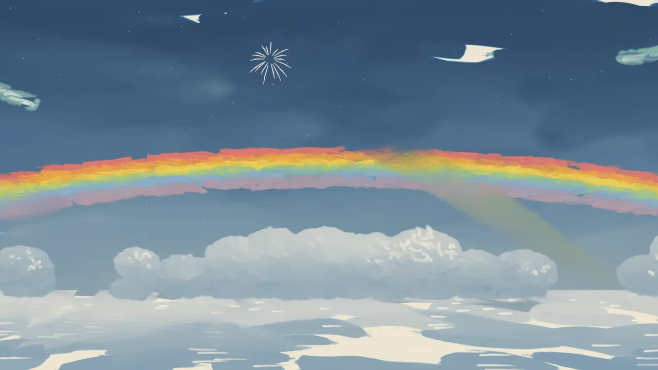 The painted backdrop for Rainbow Road: Violet sky, stars, clouds and a road in every color.