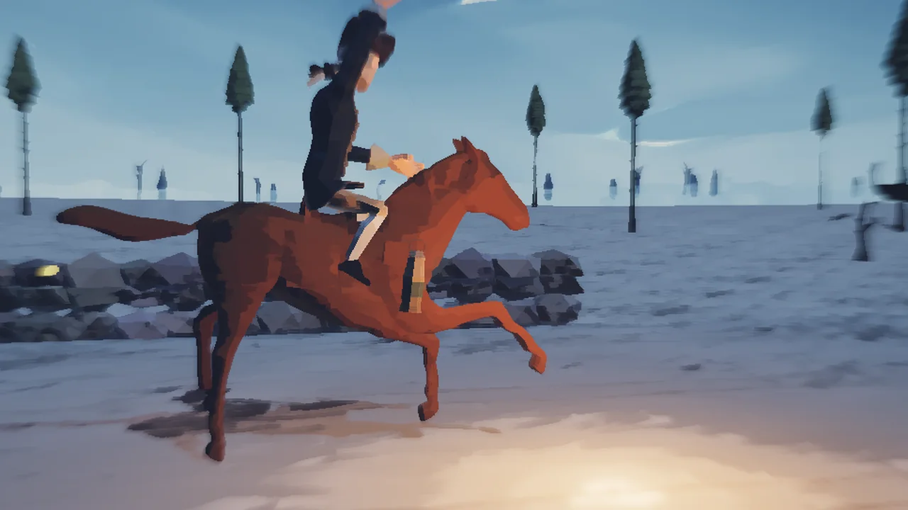 A close tracking shot of a rider on the snowy bank of the Delaware, a stone wall and pines behind.