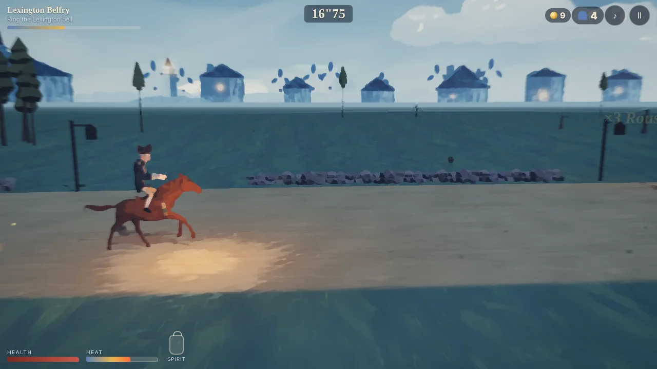 The side view of the Lexington stage at night: Revere gallops past a lantern post and a fence, with painted houses on the horizon.