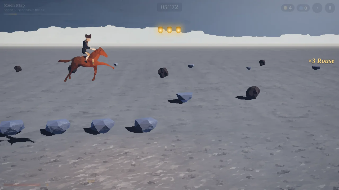 The Moon Map: a rider in a tricorn gallops across grey moondust between scattered moon rocks.