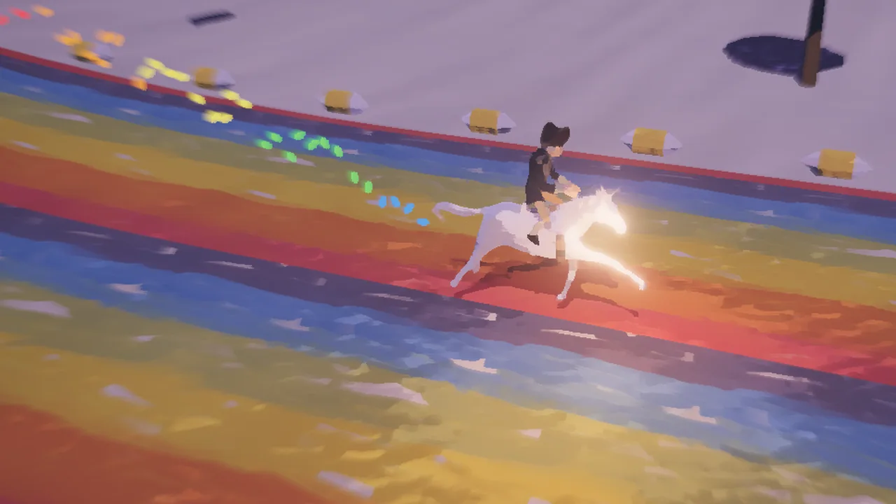 Rainbow Road from a high crane: a white unicorn gallops along a road striped in every color, coins and stars ahead.
