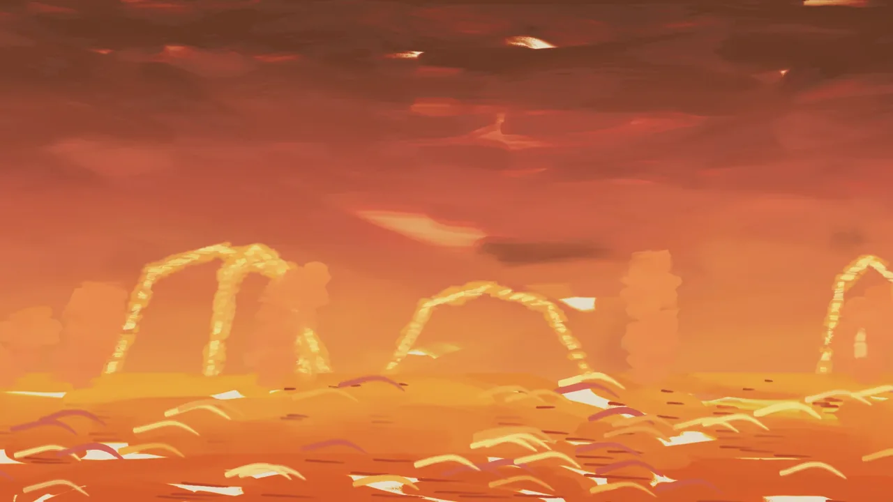 The painted backdrop for The Sun: Orange, gold and red, with columns of fire rising.