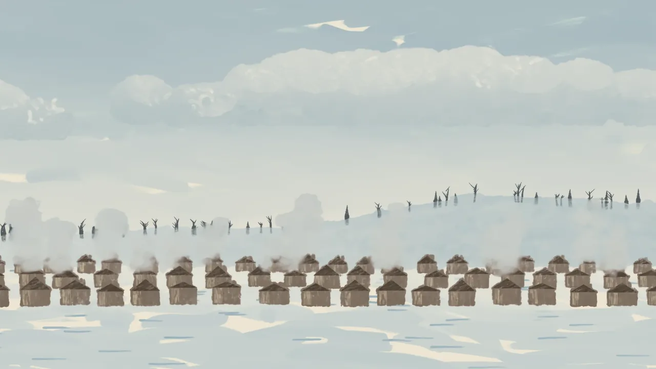 The painted backdrop for Valley Forge: Grey winter daylight, log huts with smoke from the chimneys, snow on every wall.