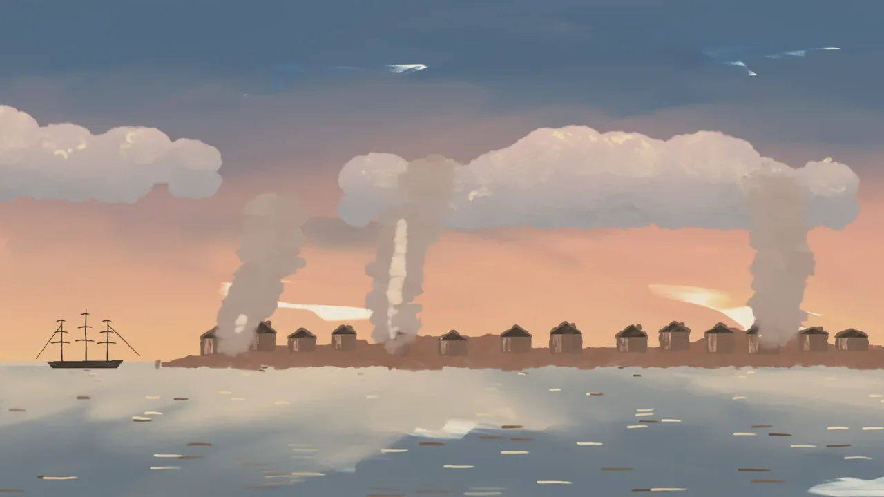 The painted backdrop for Yorktown: Fire and smoke over the trenches, the river and the fleet beyond.