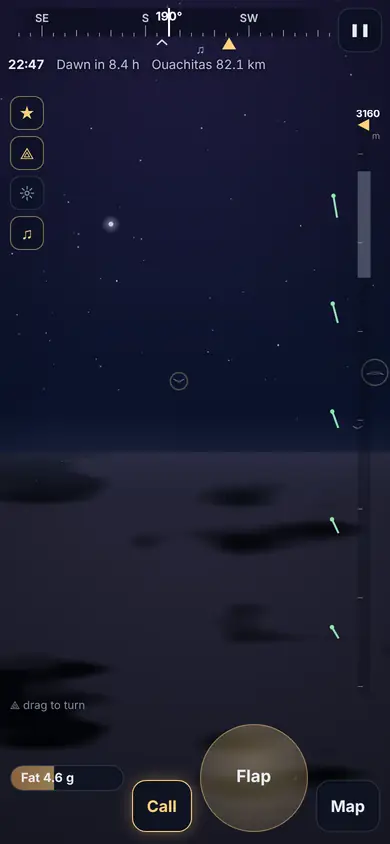 Flying above a sea of cloud at night, stars overhead.