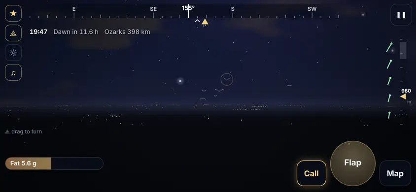 Landscape view: a night sky over central Iowa with the lights of Des Moines on the horizon, the compass tape at the top, the wind and altitude bar on the right and the Flap button at the bottom right.