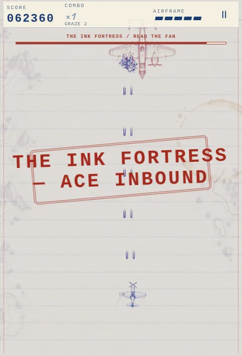 A red rubber stamp across the board reading The Ink Fortress, Ace Inbound.