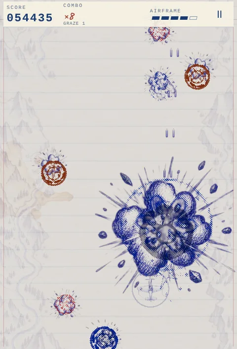 A large cross-hatched blue ink bomb blooming across the lower half of the board.