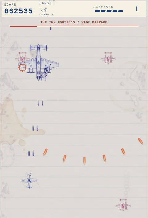 A heavy bomber ace with red-tinted escorts on either side and a fan of orange shots.
