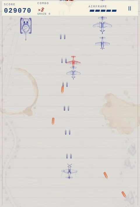 A crowded desert page with a red-ink veteran fighter among blue ones and orange enemy shots.