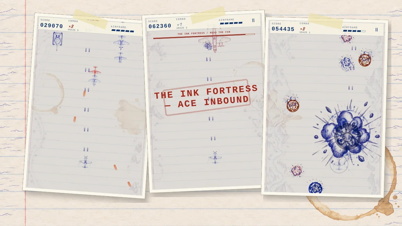 Three snapshots of Margin Aces taped to ruled paper: a crowded desert page with a red-ink veteran fighter, a red rubber stamp reading The Ink Fortress, Ace Inbound, and a cross-hatched blue ink bomb blooming across the board.