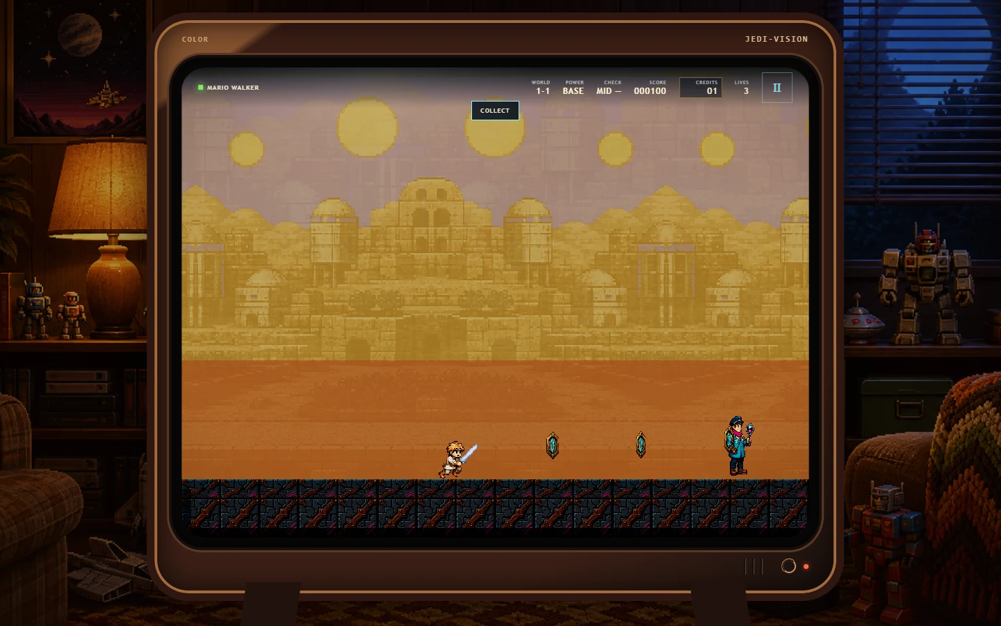 Luke running through an original space-fantasy platforming stage with the game HUD visible.