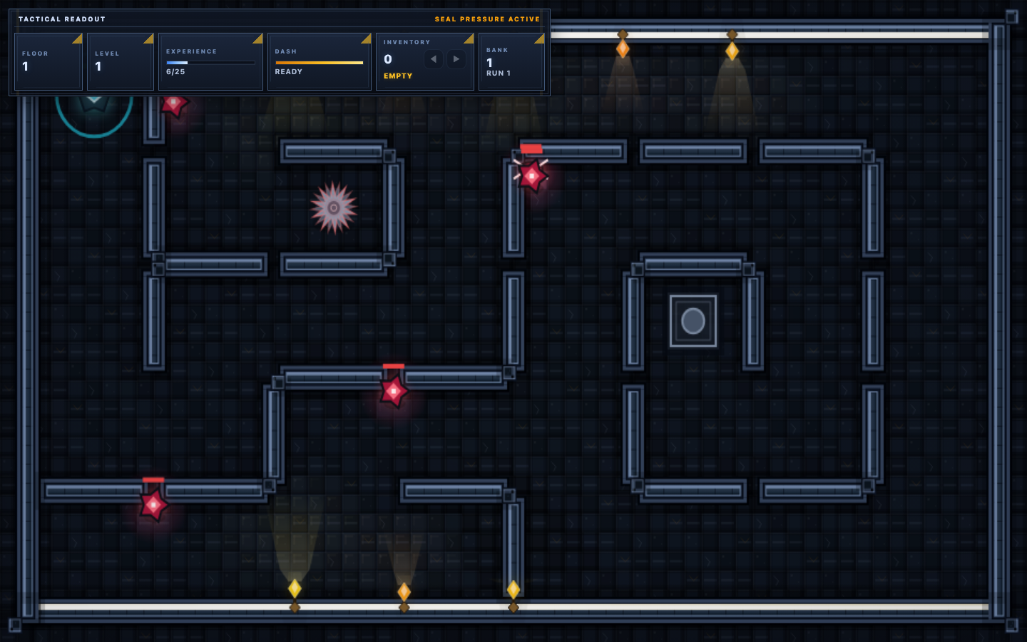 Live Mazefall runtime on floor 1 showing hazards, walls, and enemy positions the harness had to navigate in the browser.